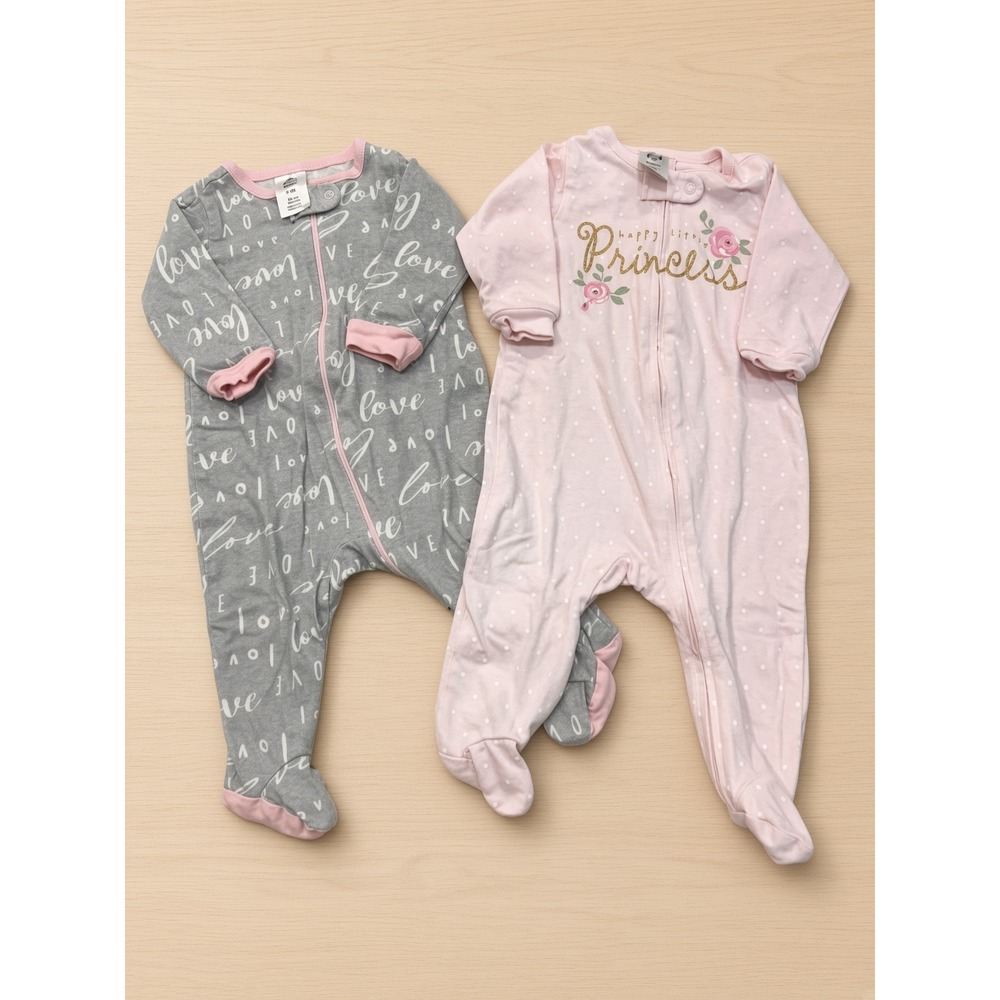 Gerber Baby Girls 0-3M Sleep and Play 2 Pack Love Princess Pink Grey Footed Zip